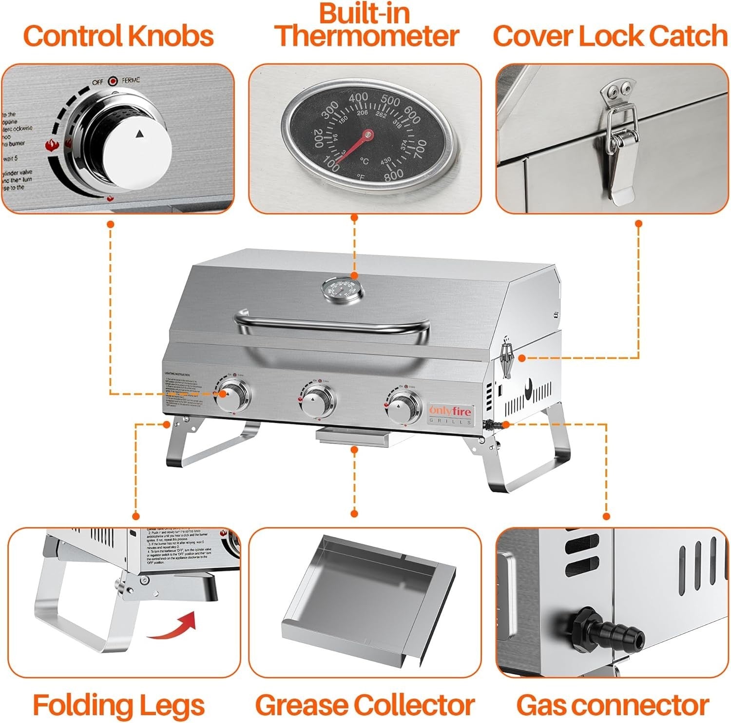 3 Burner Portable Gas BBQ Grill Stainless Steel Tabletop Outdoor Camping Cooker