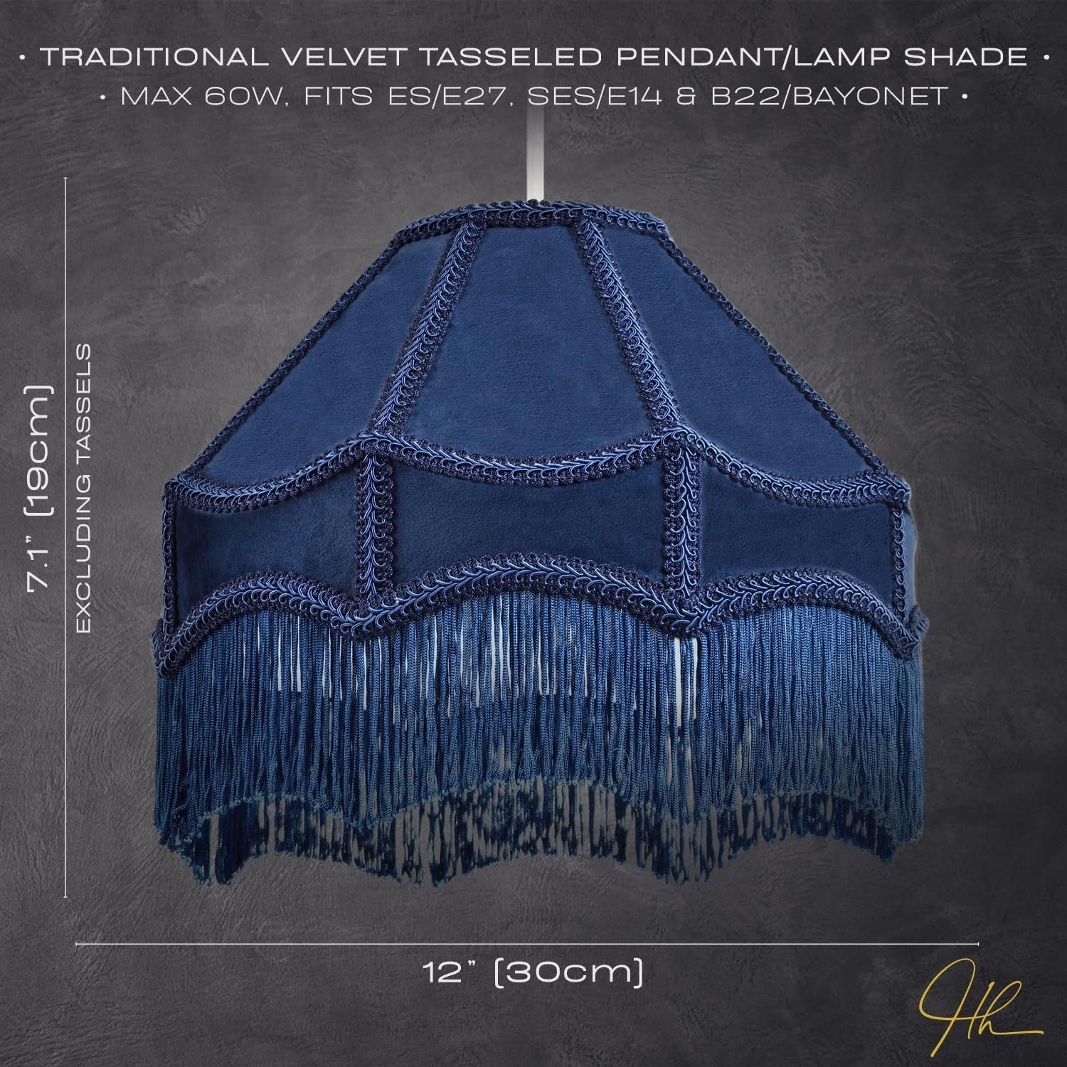 Victorian Empire Velvet Lampshade Midnight Blue Tassel Pendant 30cm