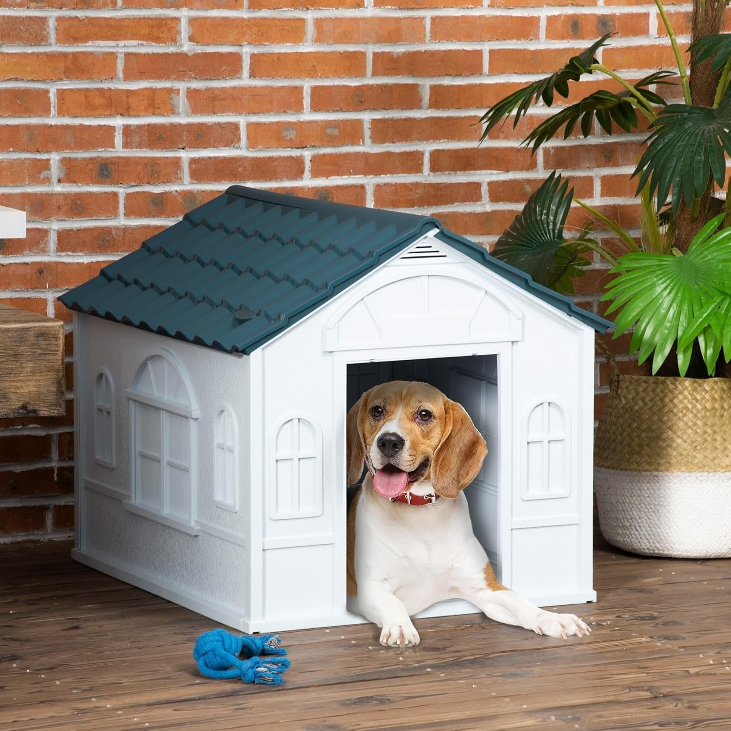 Blue Outdoor Dog House for Medium Dogs | Weatherproof Plastic Kennel 76x65x63cm