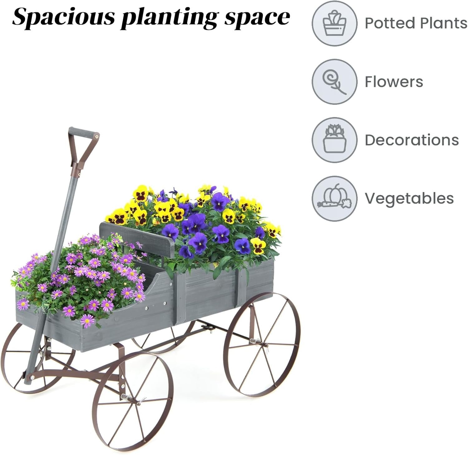Grey Wooden Garden Wagon Planter Decorative Flower Cart w/ Handle & Wheels
