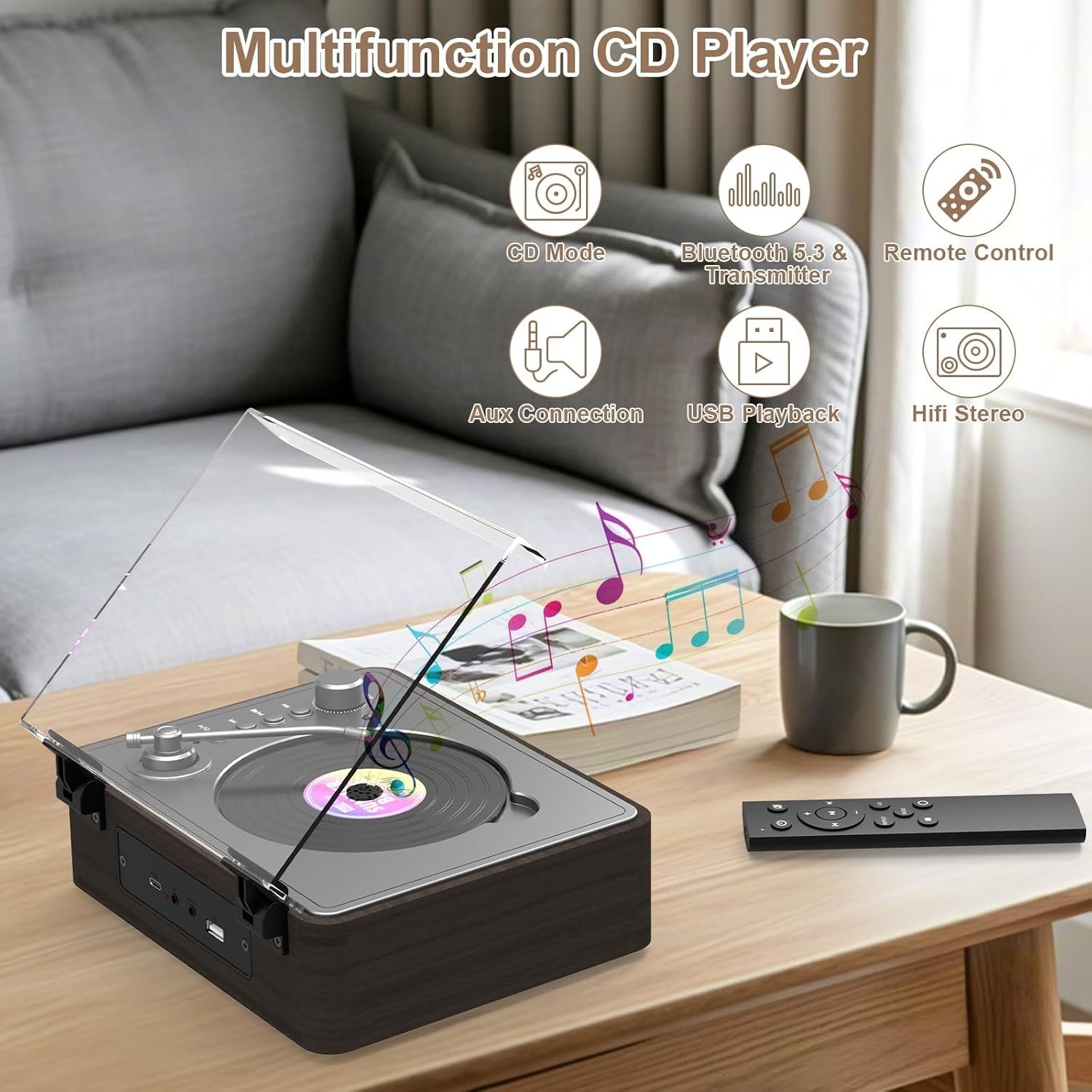 Portable CD Player Bluetooth 5.3 Rechargeable Stereo Speakers Remote AUX
