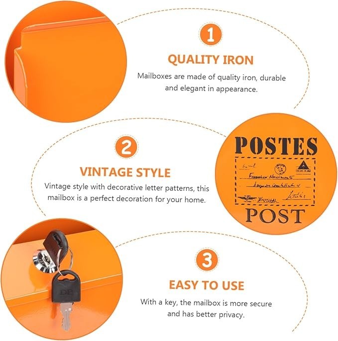 Lockable Wall Mounted Mailbox Iron Post Box Vintage Style Durable Letter Holder