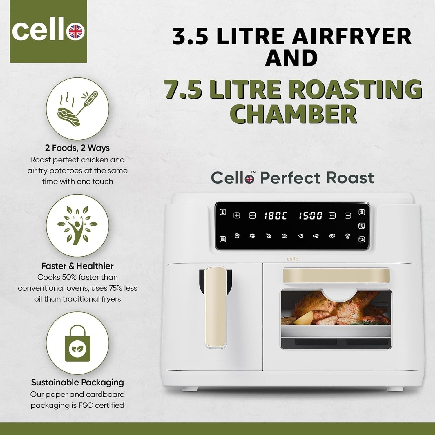 11L Dual Zone Air Fryer 2400W | 2 Drawers 3.5L + 7.5L | 8-in-1 | White