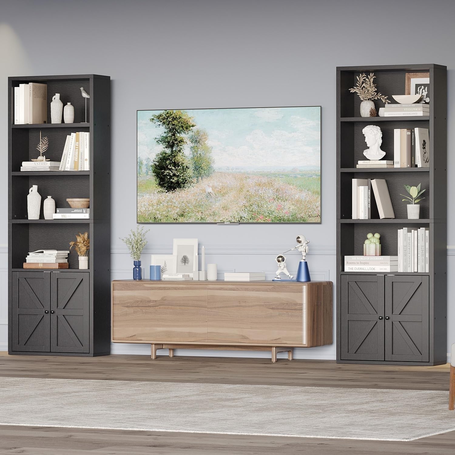 Tall Black 6-Tier Bookcase with Cabinet Doors Modern Storage & Display Unit 181