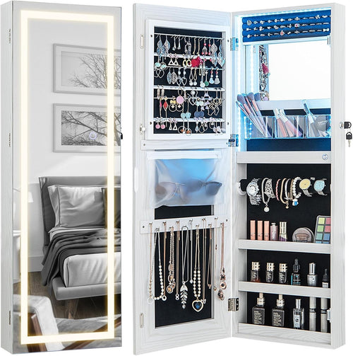 LED Jewelry Cabinet Wall or Door Mount Lockable Mirror Storage White