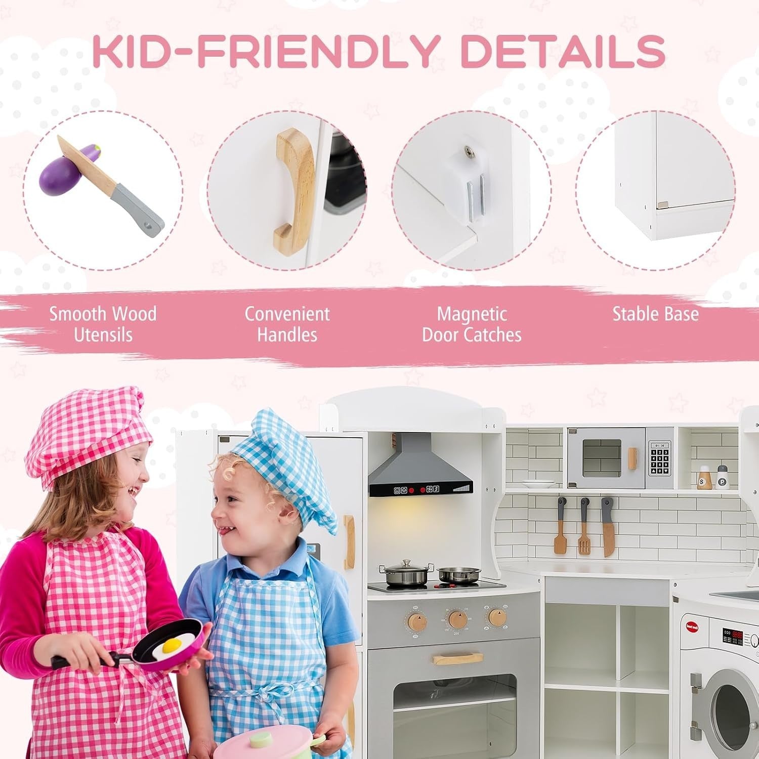 Kids Corner Play Kitchen Wooden Toy Set Light Sound Ice Dispenser White