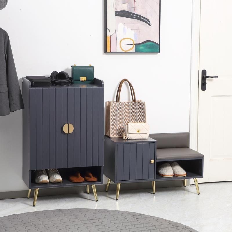 Grey Shoe Storage Bench with Cushion, Compact Hallway Entryway Cabinet
