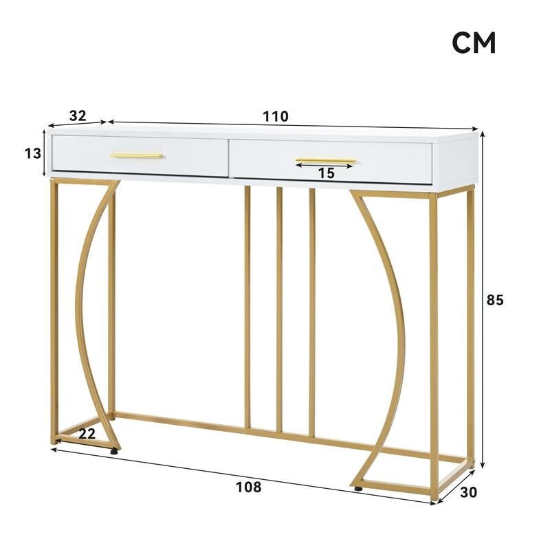 Modern White & Gold Console Table with 2 Drawers – 110cm MDF Metal Frame