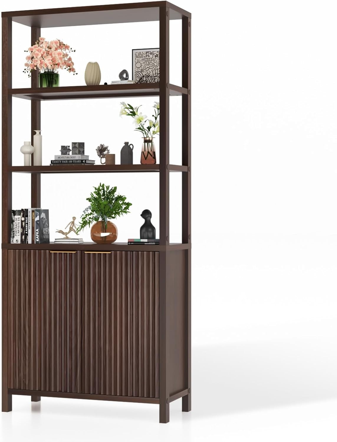 6 Tier Bookcase with Doors Fluted Panel Bookshelf Adjustable Storage Cabinet