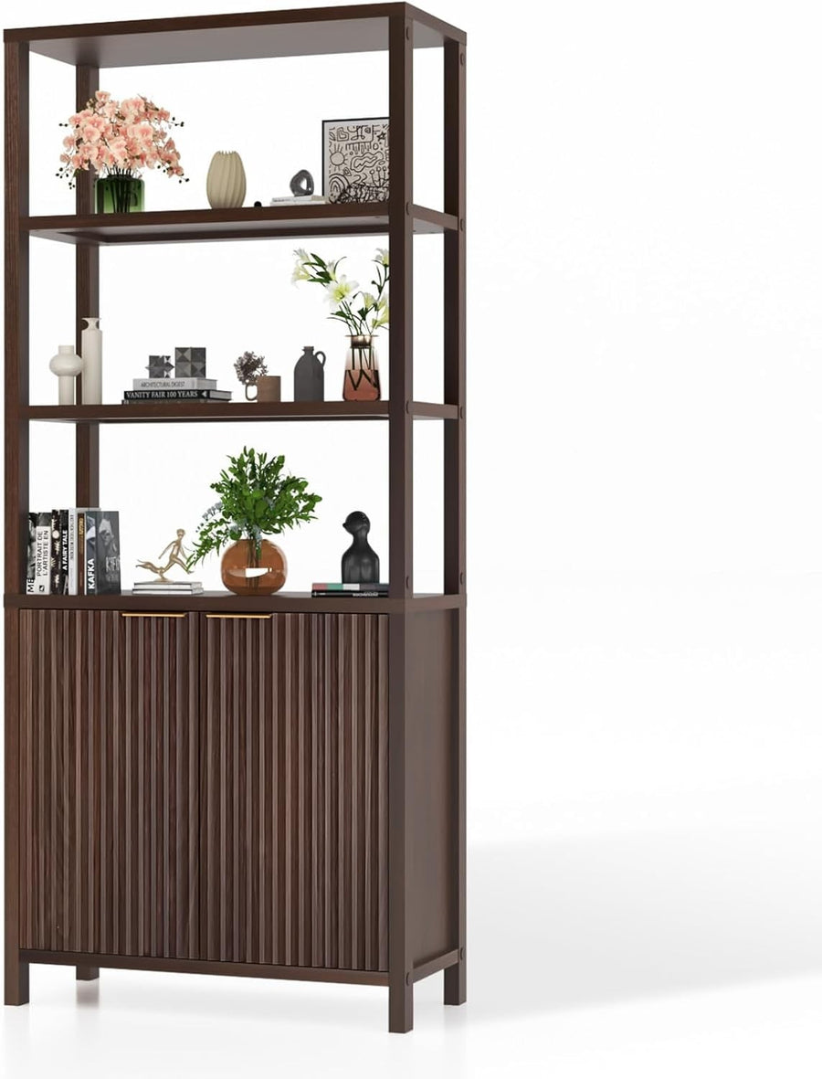 6 Tier Bookcase with Doors Fluted Panel Bookshelf Adjustable Storage Cabinet