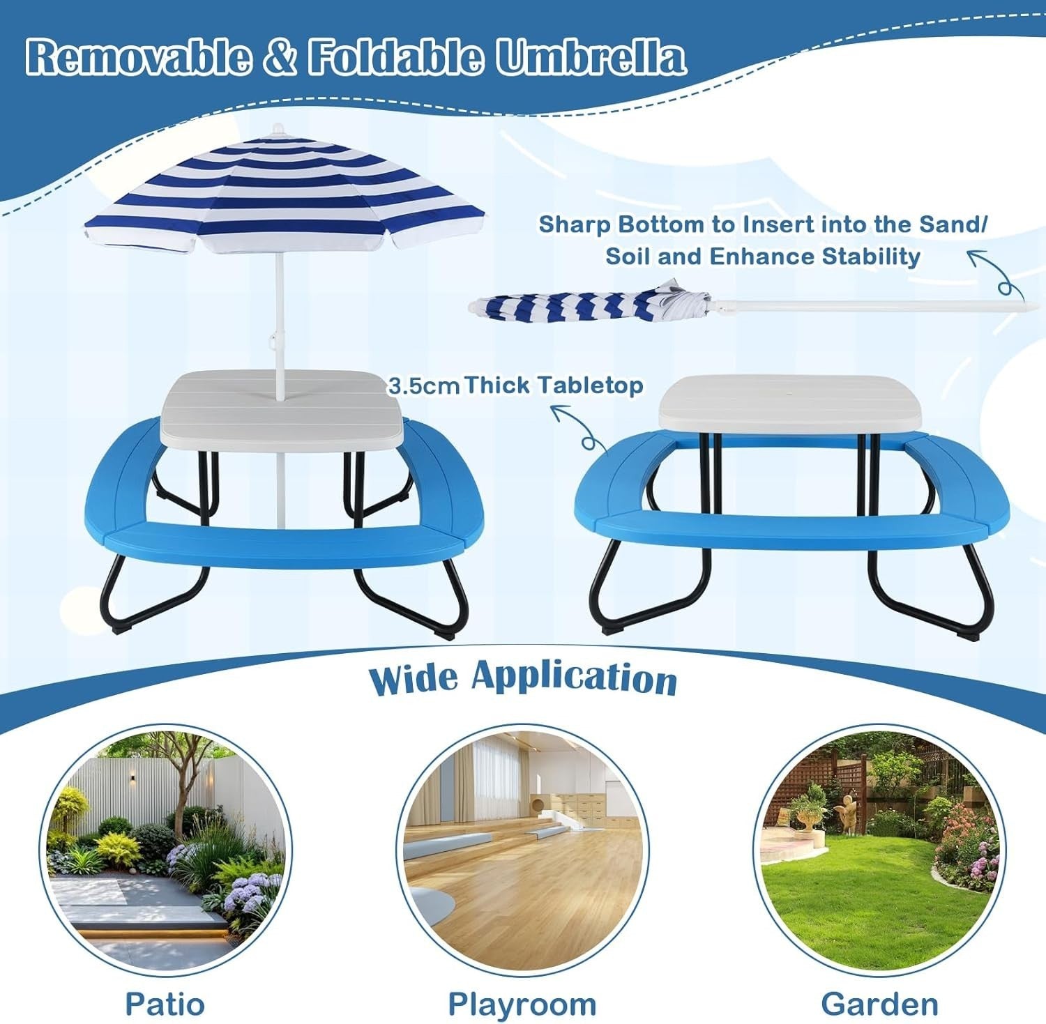 Kids Picnic Table & 8-Seat Bench Set with Adjustable Umbrella Outdoor Indoor