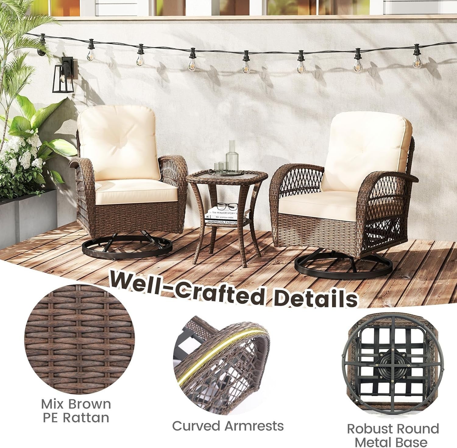 360° Rattan Swivel Rocker Chairs Set w/ Cushions & Table Outdoor Patio