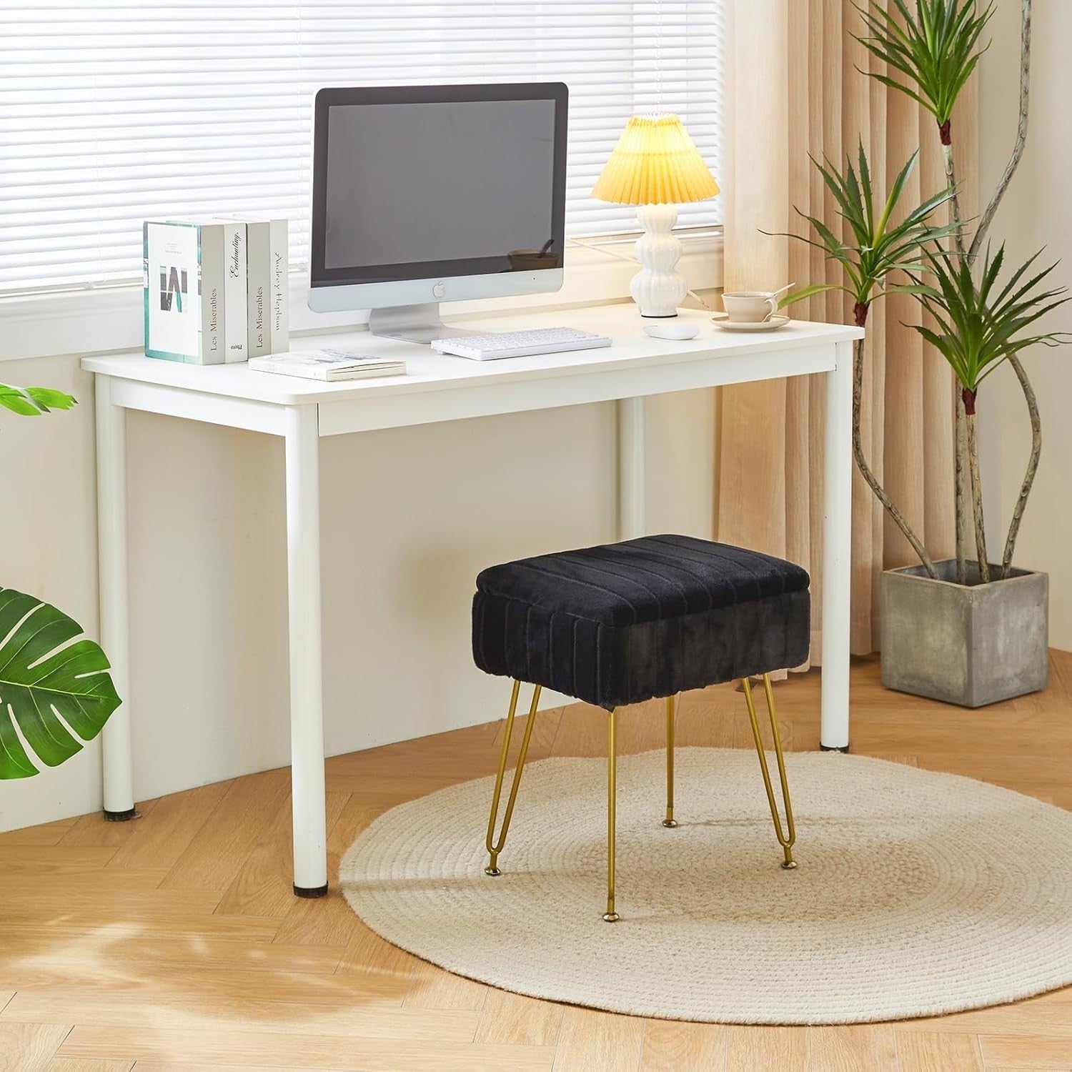 Black Faux Fur Storage Footstool – Modern Vanity Stool with Metal Legs