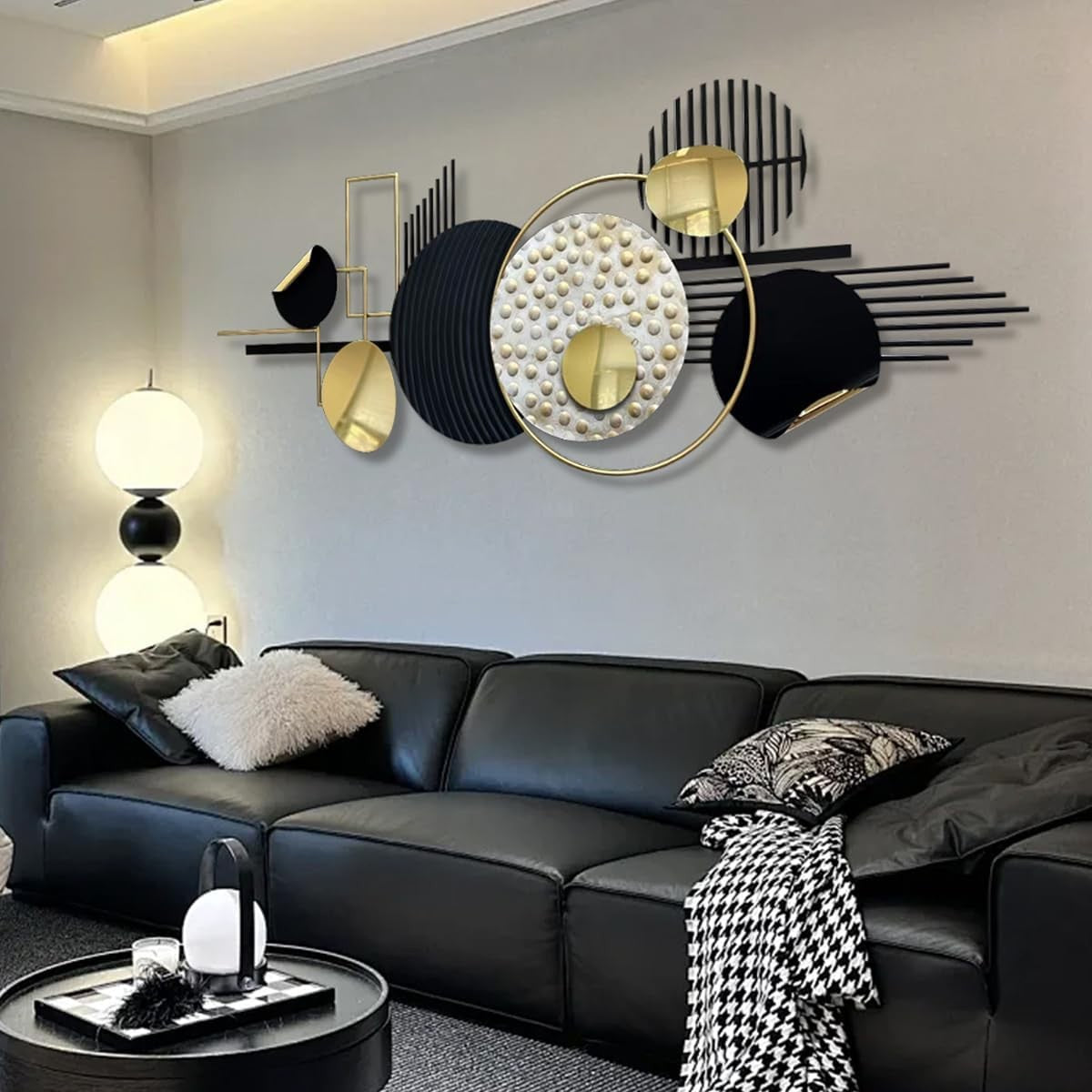 Modern Metal Wall Art Black Gold Geometric Sculptures for Living Room