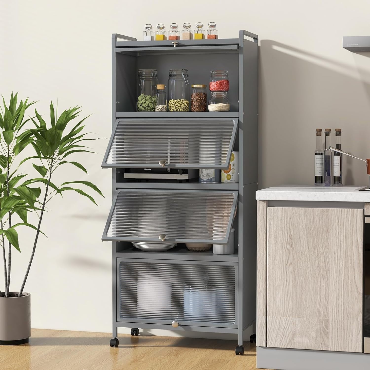 60x32x154cm Grey Rolling Kitchen Cabinet 5-Tier Pantry Storage with Wheels
