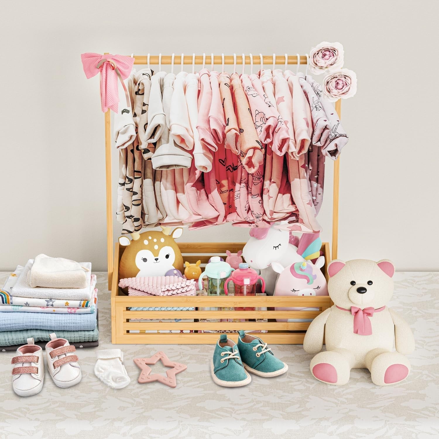 Bamboo Baby Clothes Rack with Adjustable Rod and Storage Box, Natural Finish