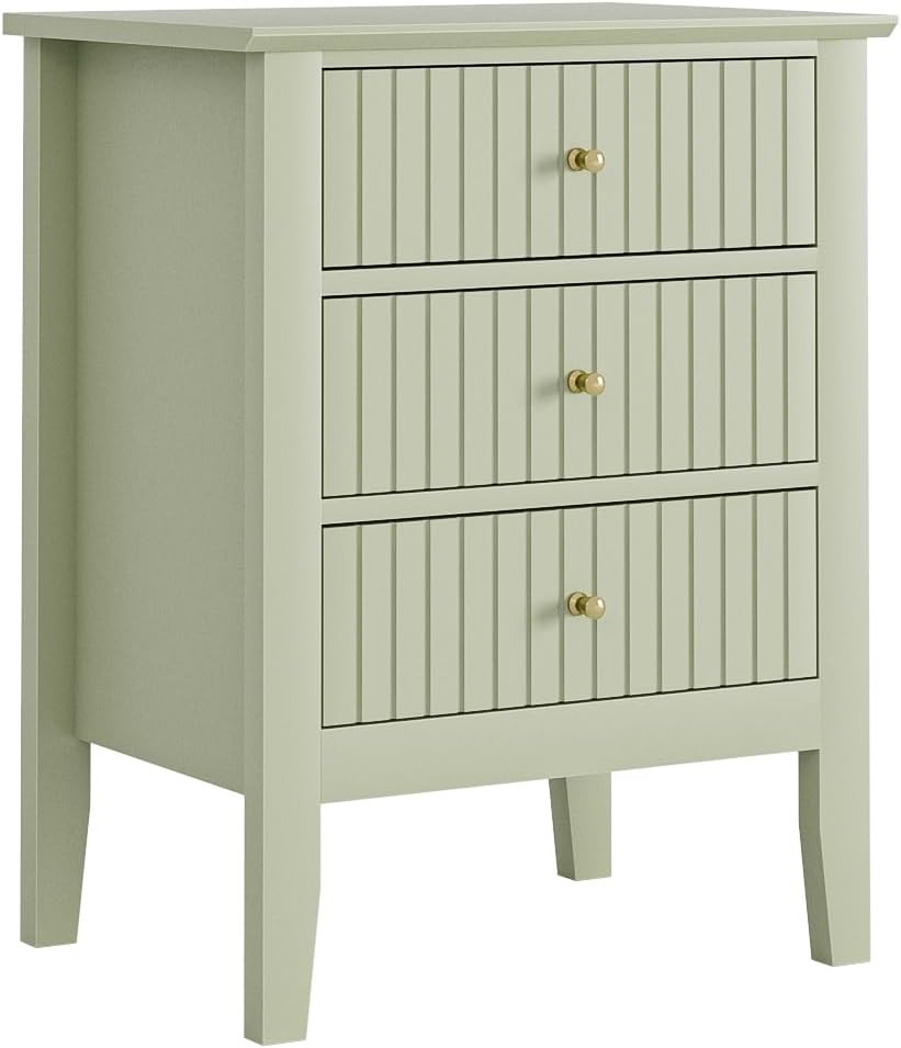Modern Green Bedside Table with 3 Drawers Wooden Nightstand Bedroom Storage