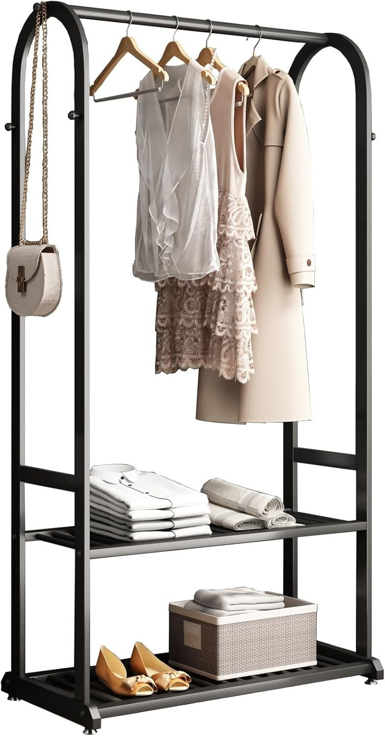 Heavy Duty Clothes Rail with Shelves & 6 Hooks Metal Rack