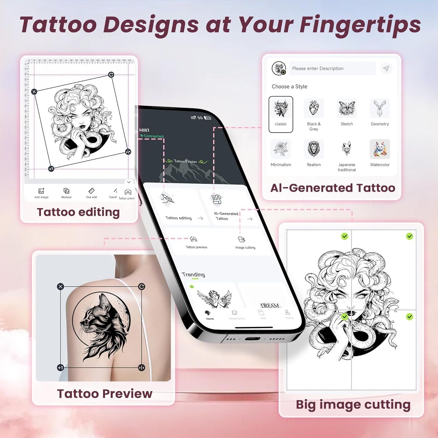 Pink Tattoo Stencil Printer Wireless Thermal Tattoo Machine for Artists