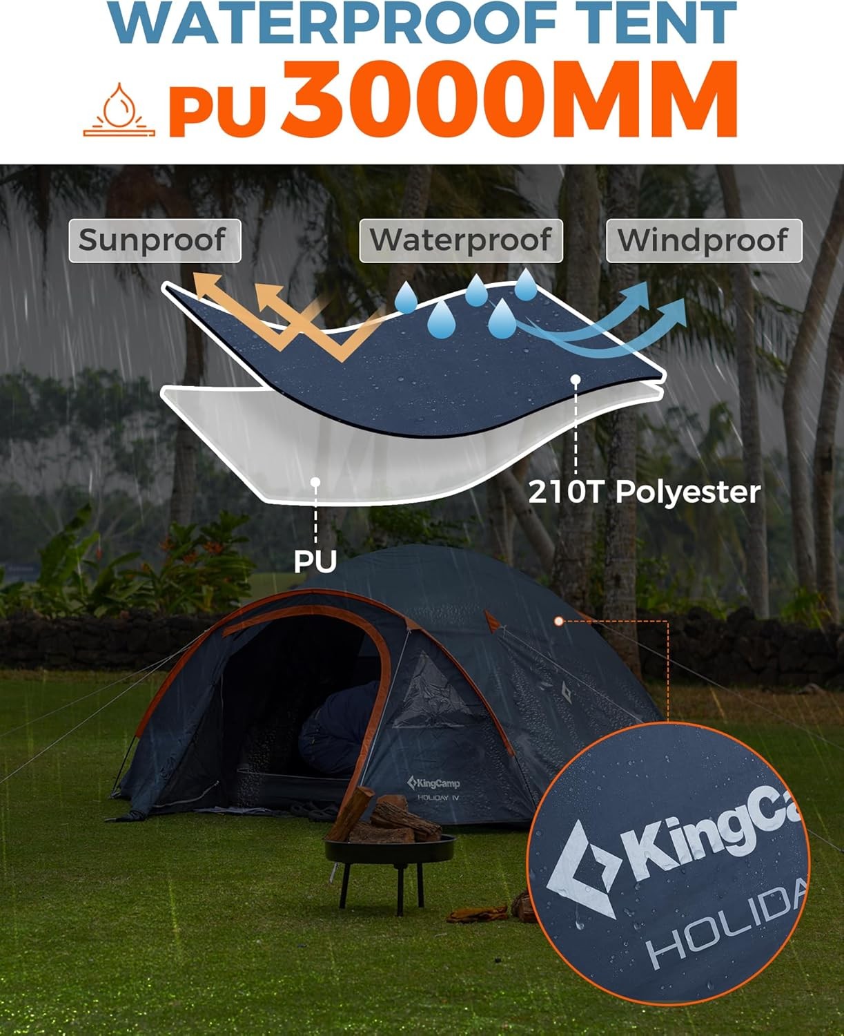 KingCamp 4-Person Dome Tent Waterproof with Porch for Outdoor