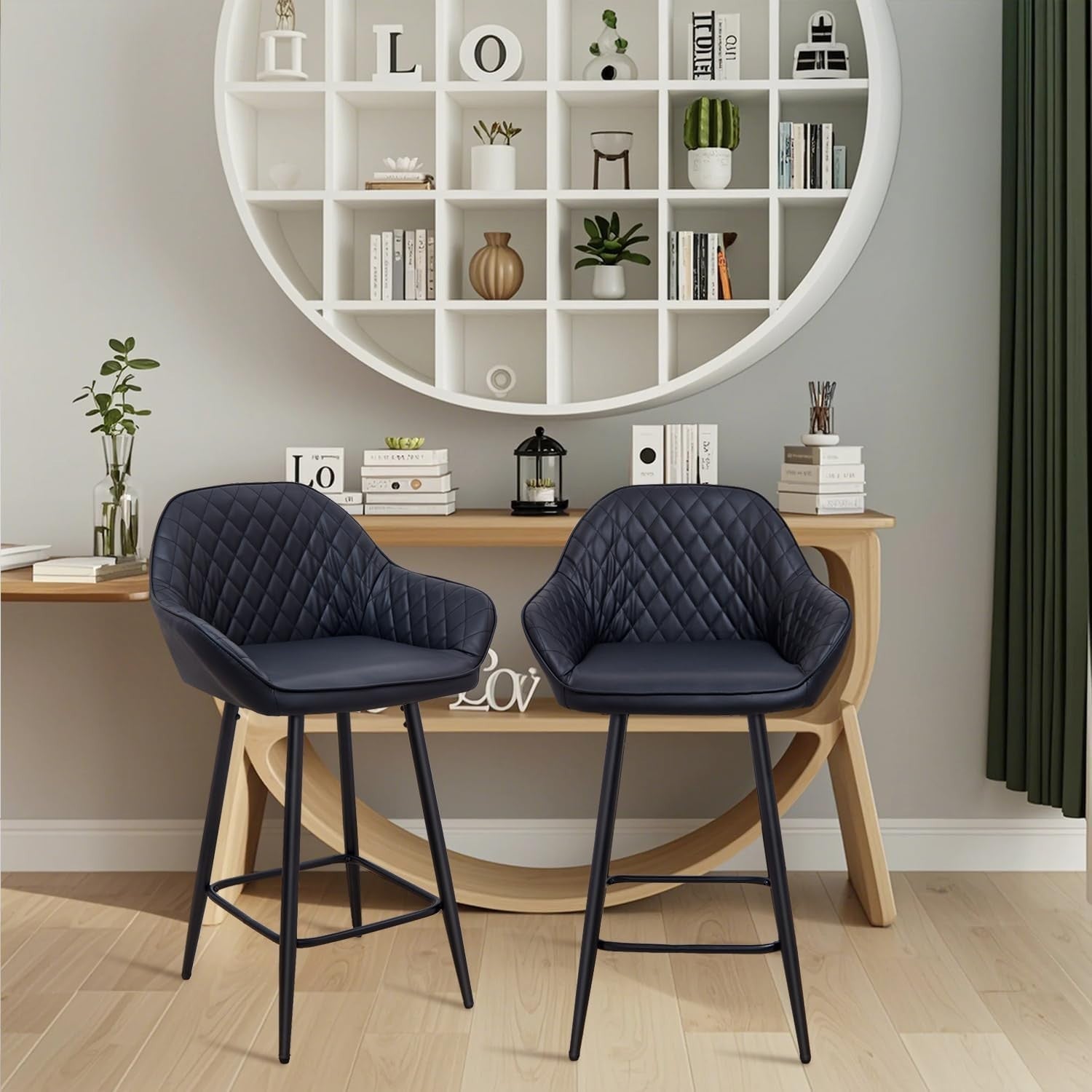 Black Faux Leather Bar Stools Set of 2 | Modern Kitchen & Counter Chairs