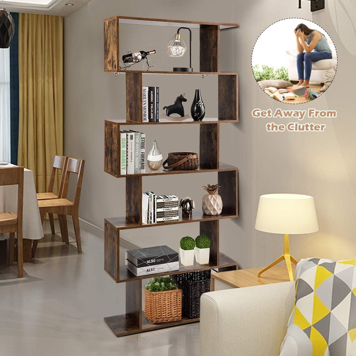 S Shaped 6 Tier Wooden Bookcase Freestanding Display Storage Shelf Rustic Brown