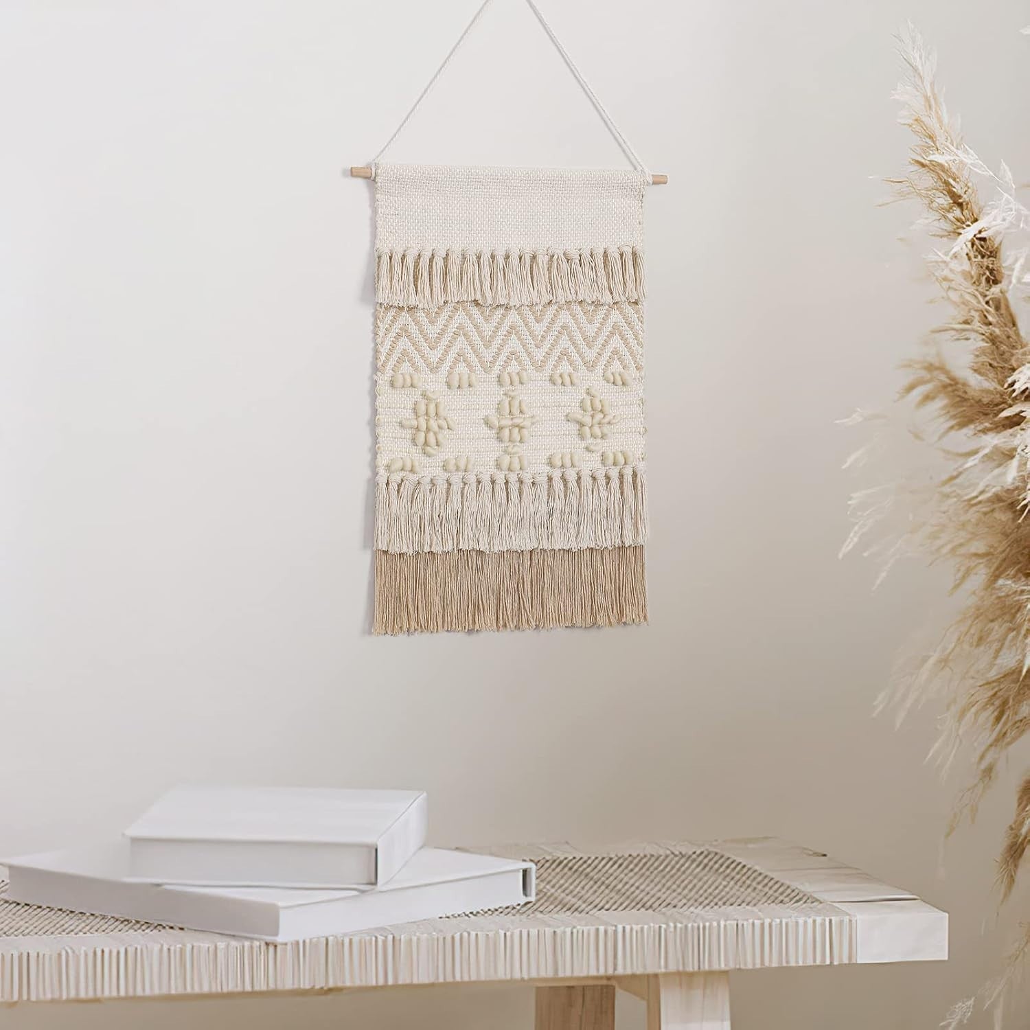 Boho Macrame Wall Hanging Beige Geometric Wave Wool Ball Tapestry