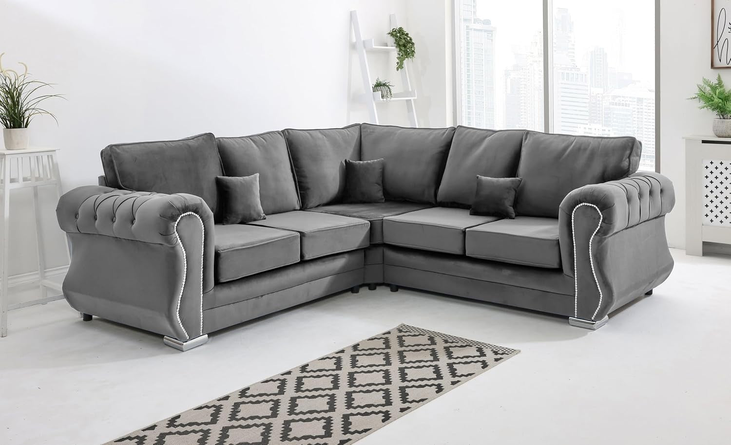 Grey Plush Velvet Corner Sofa 5 Seater Foam Cushions & Chrome Feet