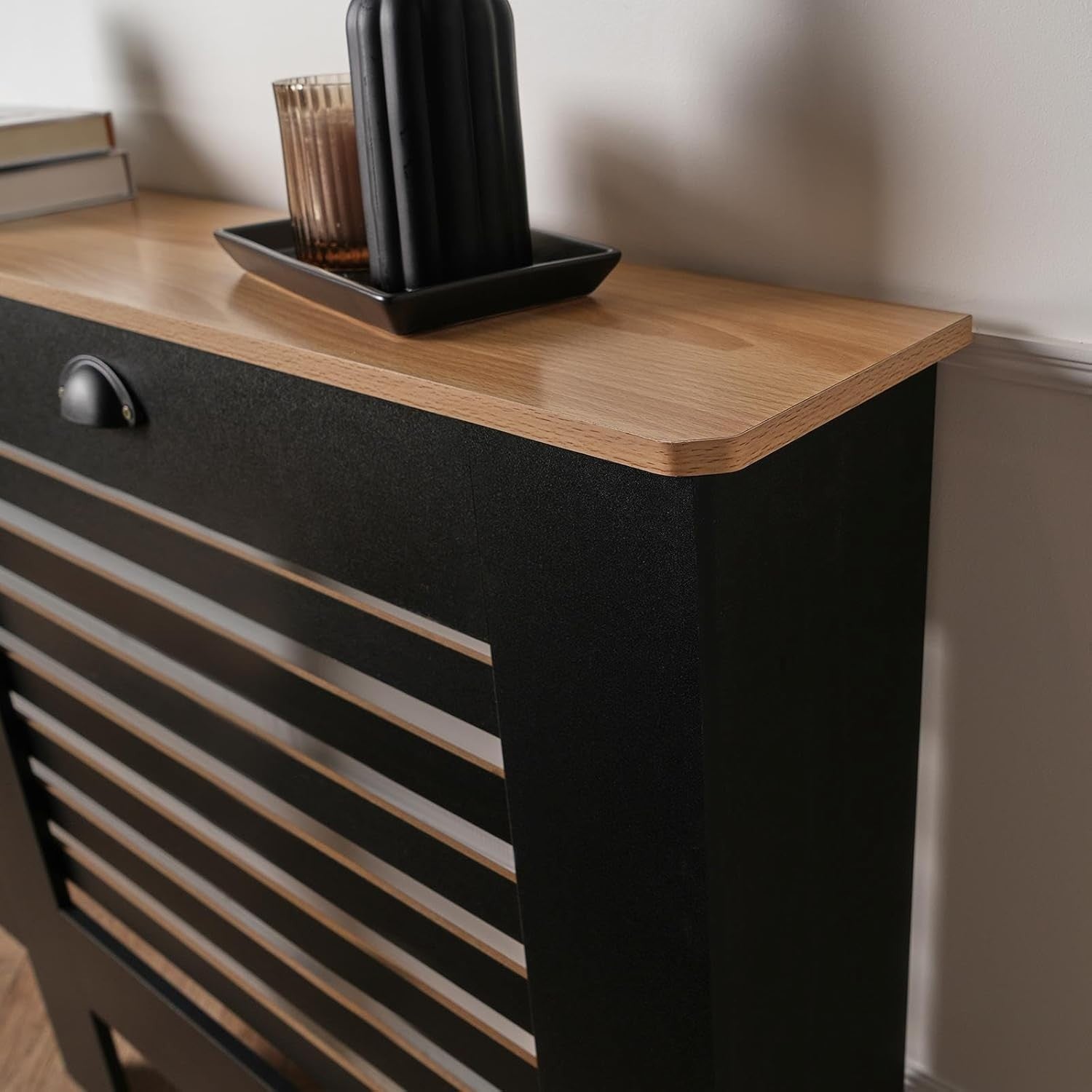 Small Black Radiator Cover with Oak Top 81.5x19x81cm