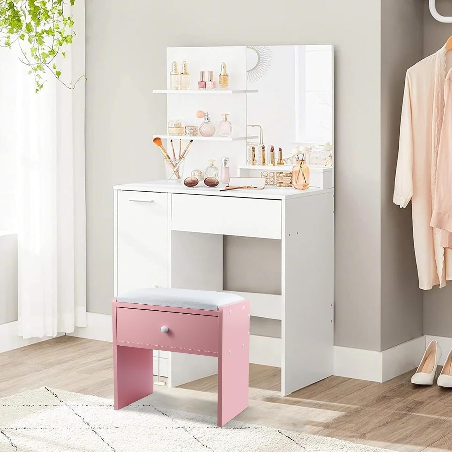 Pink Padded Vanity Stool with Drawer – Comfortable Makeup Stool for Bedroom
