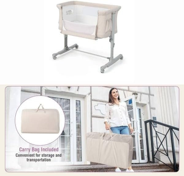 3-in-1 Baby Bedside Crib with Adjustable Heights, Mattress & Carry Bag Beige