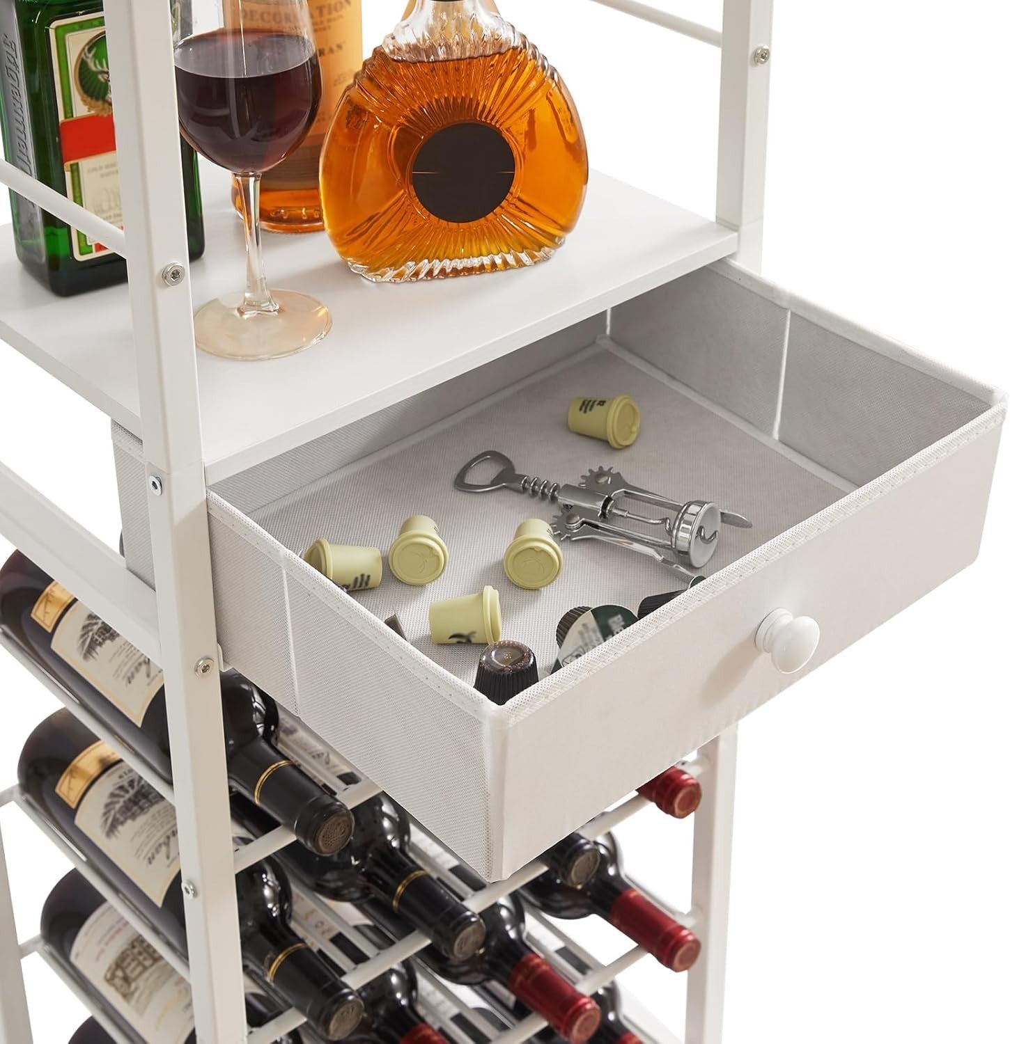 Freestanding Wine Rack Bar Cabinet White 4 Tier with Drawer & Glass Holder