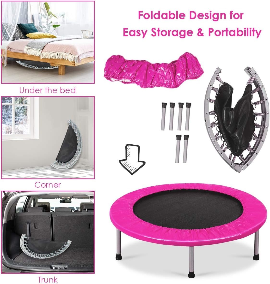 38in Folding Mini Rebounder Trampoline Padded Indoor Outdoor 150KG