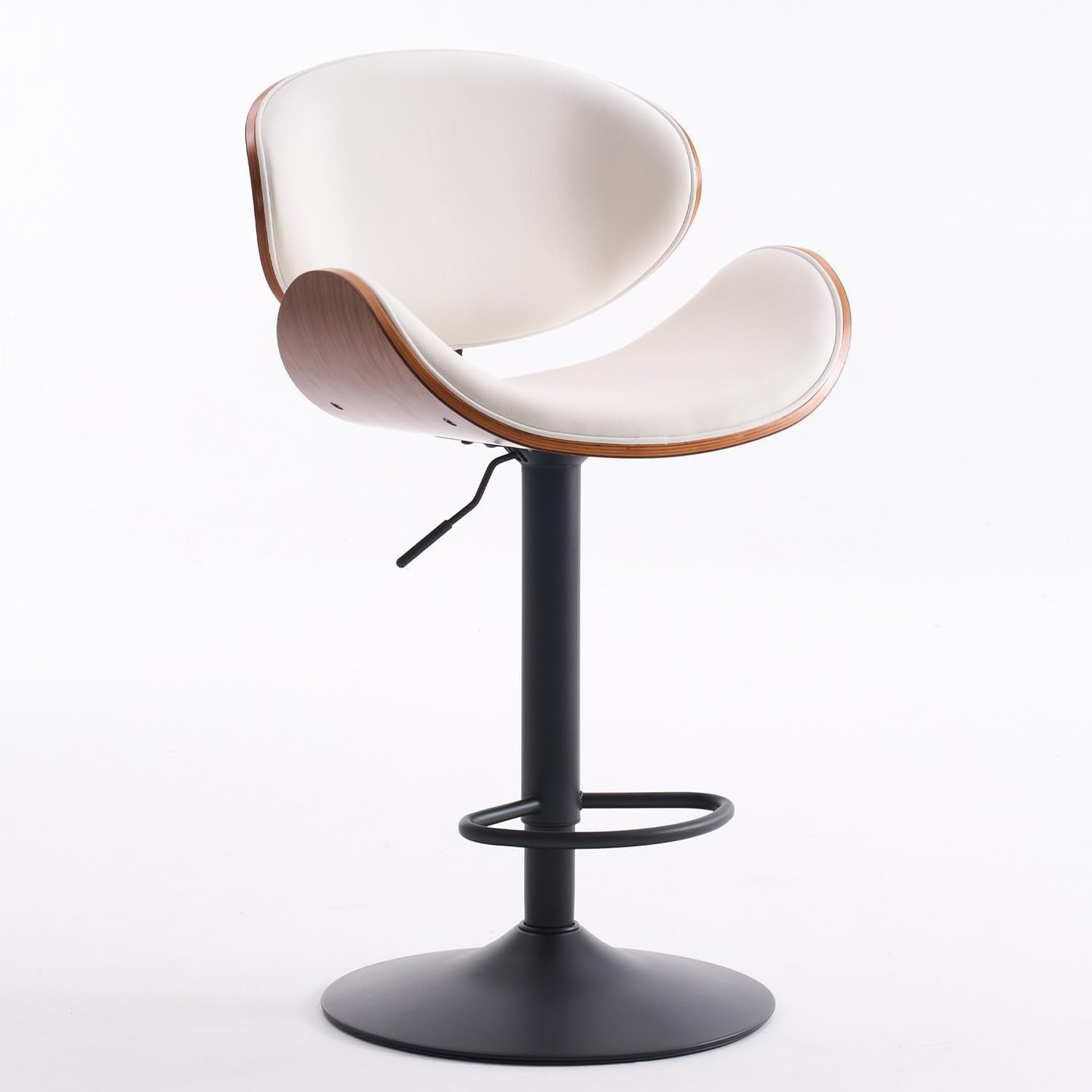 Adjustable White Bar Stool | Wooden Seat, Faux Leather, Swivel, 1pc