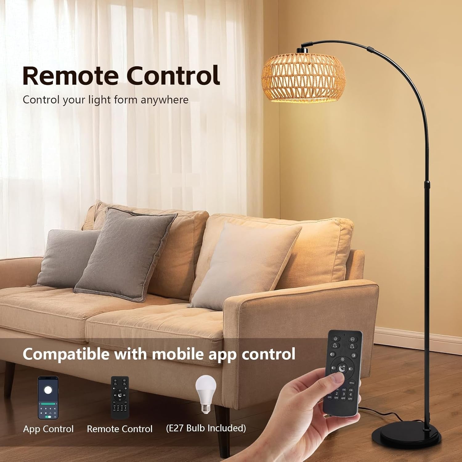 Boho Arc Floor Lamp Dimmable Remote Control Rattan Shade Black Stand