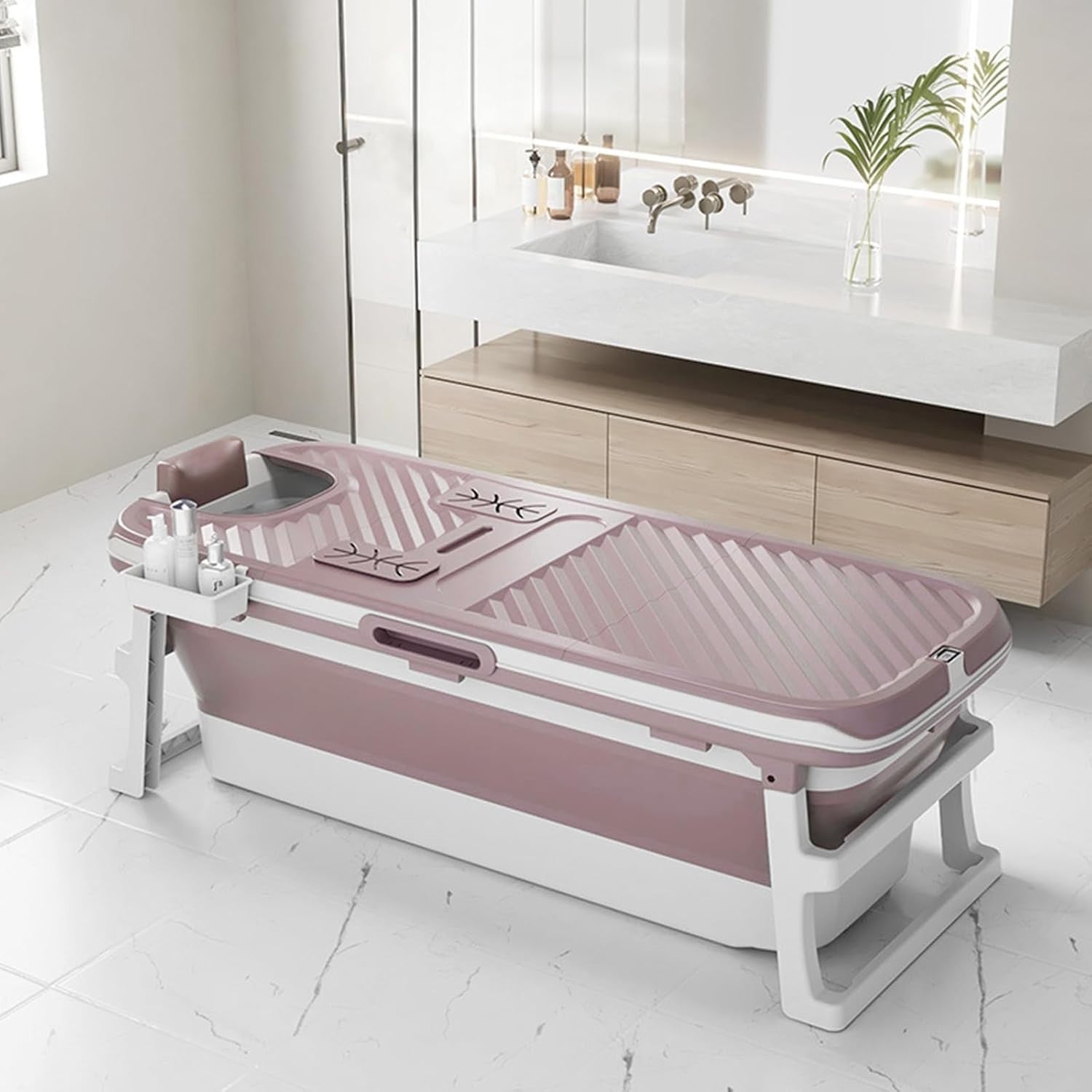 Portable Foldable Adult Bathtub 153x54x61cm Pink Spa & Steam Bath with Lid