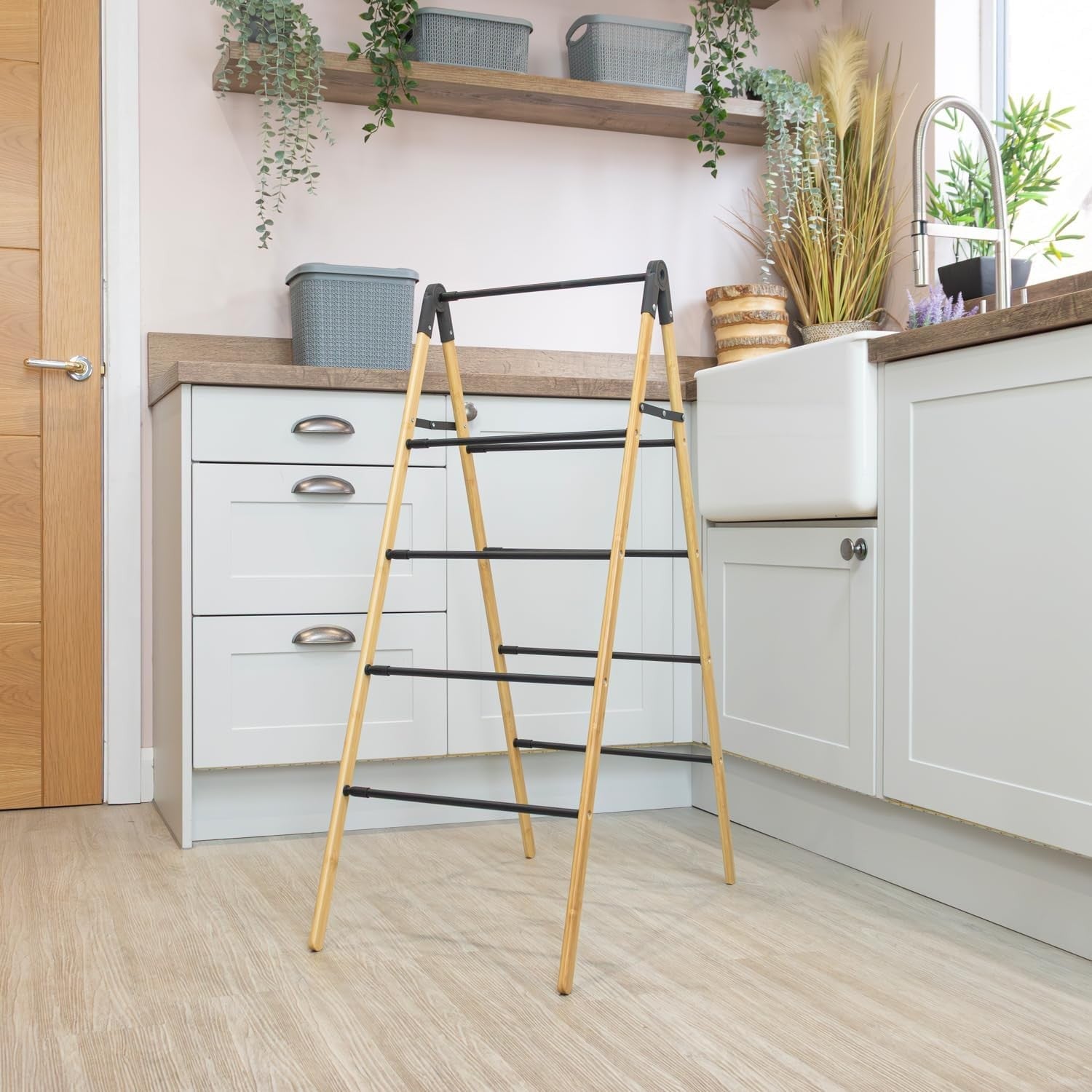 Bamboo 4 Step Clothes Drying Ladder Folding Indoor Airer Space Efficient