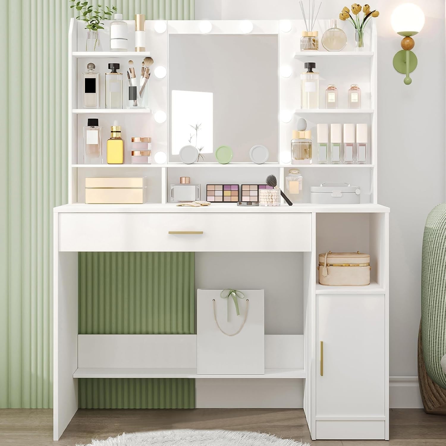 Modern Black Makeup Vanity Desk w/Lighted Mirror 4 Drawers Charging Hub Set