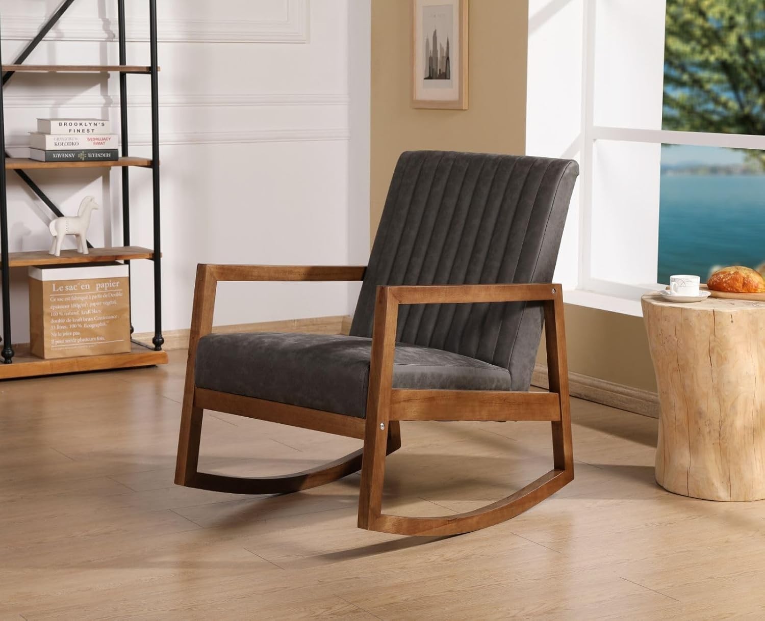 Grey PU Leather Rocking Chair with Walnut Frame - Comfortable & Durable