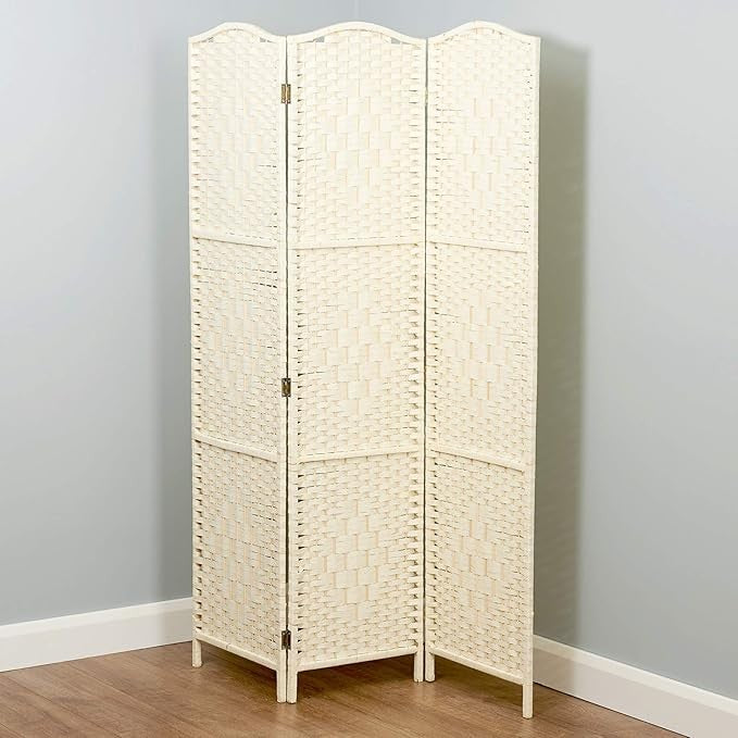 3-Panel Solid Weave Wicker Room Divider Folding Privacy Screen Cream