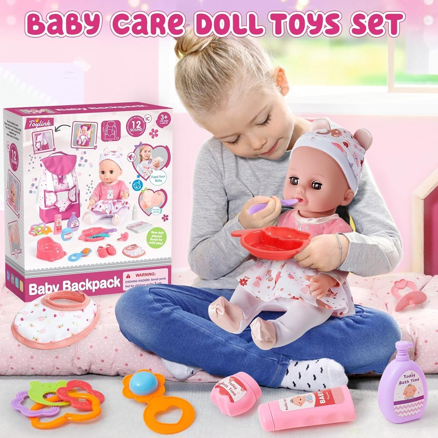 36cm Baby Doll Playset w Backpack Changing Bag Bath Feeding Toys
