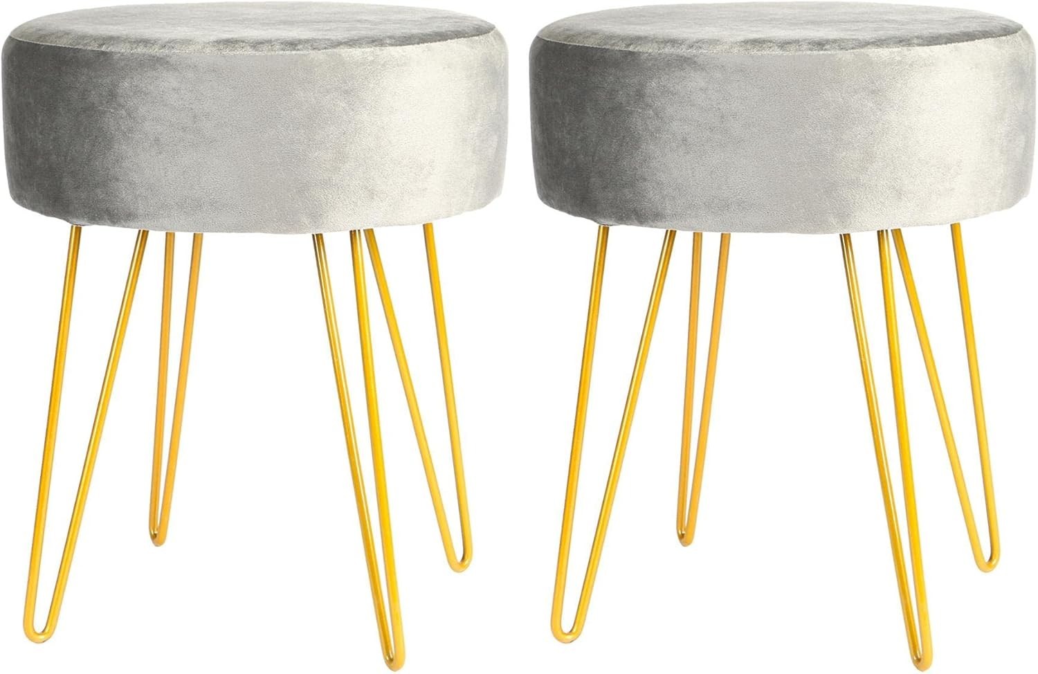 Set of 2 Grey Velvet Footstools Gold Legs Modern Round Pouffe Seats