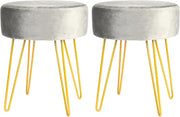 Set of 2 Grey Velvet Footstools Gold Legs Modern Round Pouffe Seats