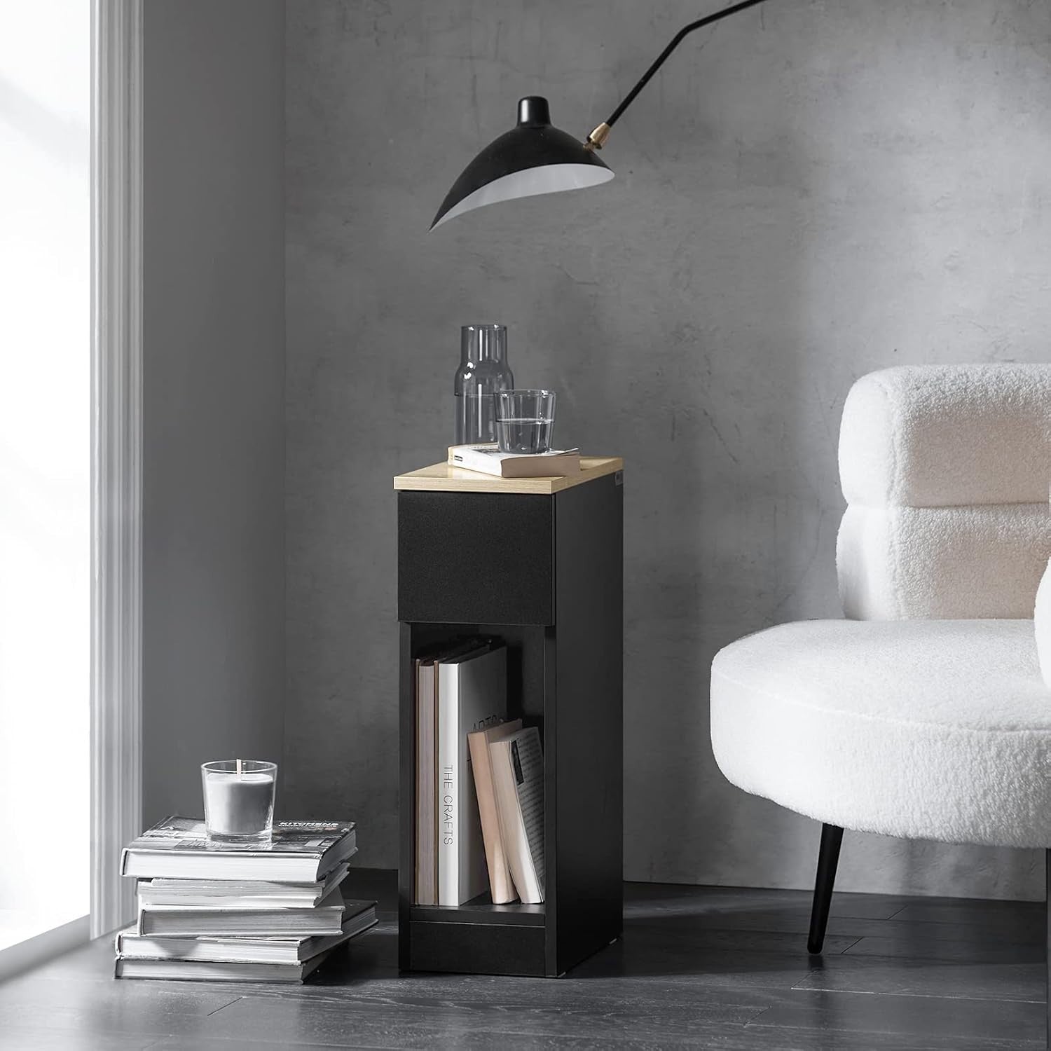 Set of 2 Slim Black Bedside Tables with Drawer & Shelf | Modern Narrow