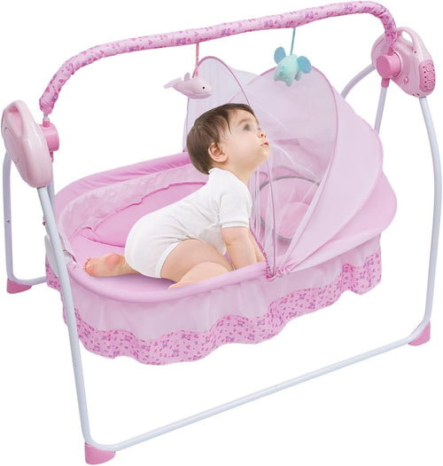 Electric Baby Cradle Rocking Swing Bassinet with Music Timer & Mosquito Net Pink