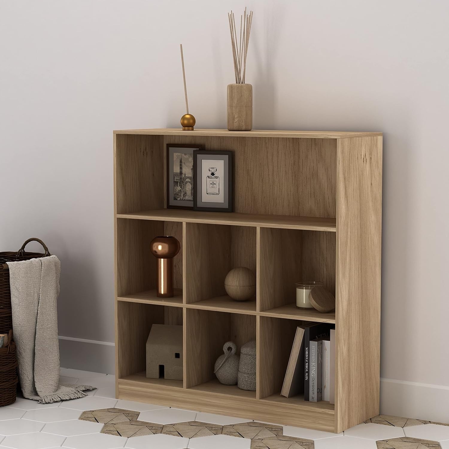 7 Cube Wooden Bookcase Home Room Storage Unit Bookshelf Display Wide Oak