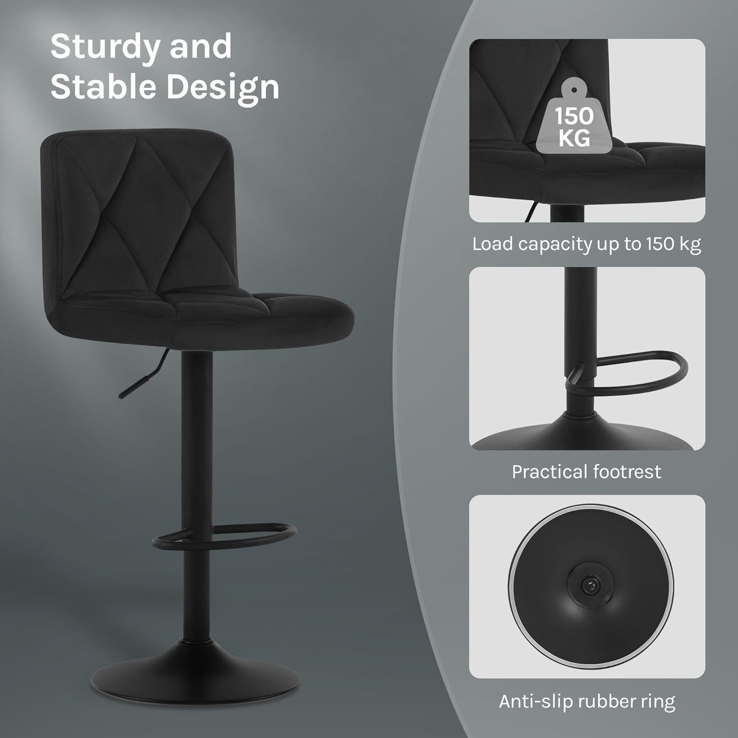 Set of 2 Black Velvet Bar Stools Square Seat Swivel & Adjustable 60-80cm