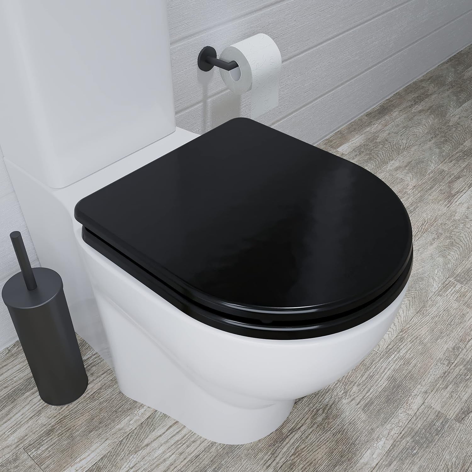 Black D-Shape Wooden Toilet Seat Soft Close Quick Release Antibacterial