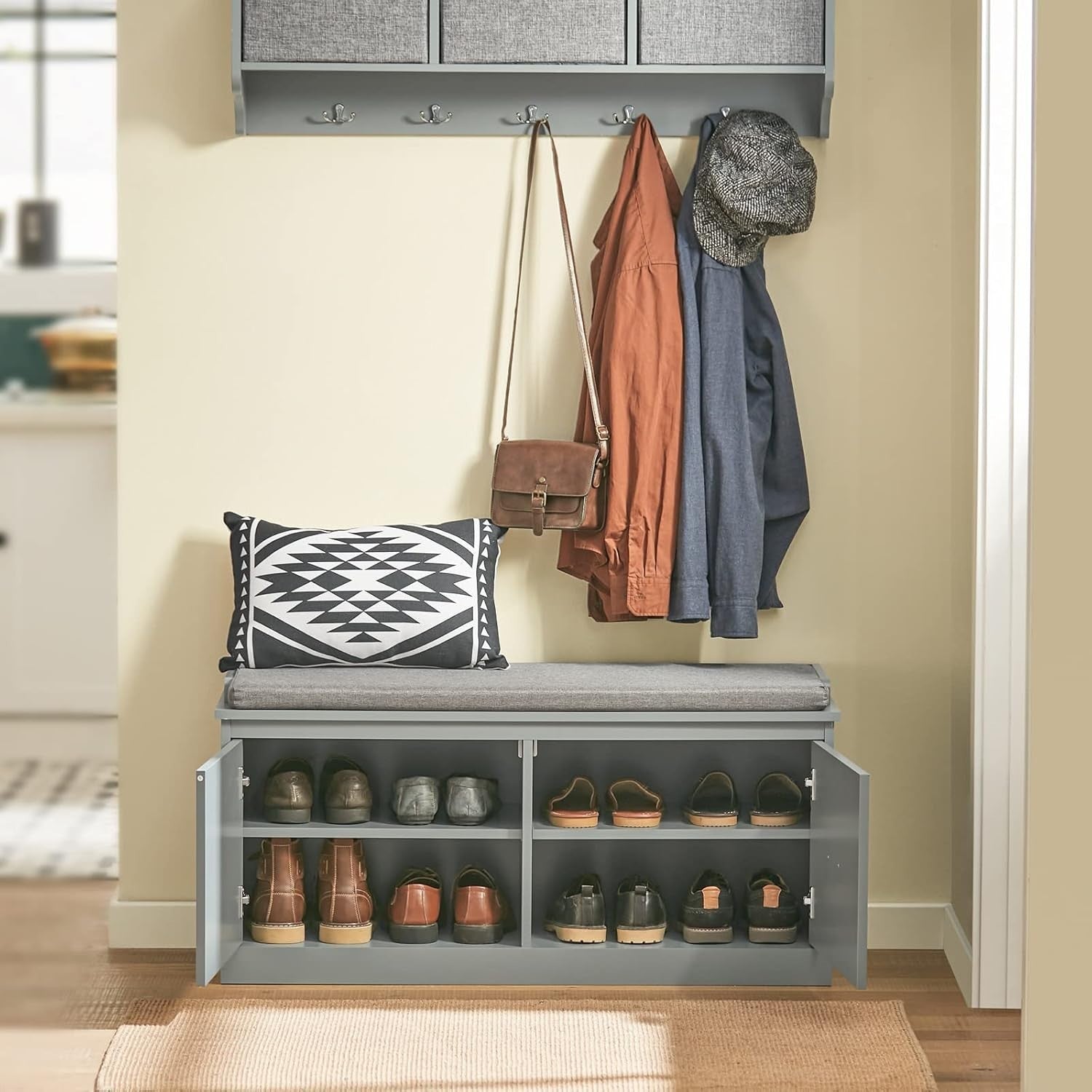 Grey Hallway Shoe Bench with Cushion – 98x37x49cm Storage Seat, 150kg Load