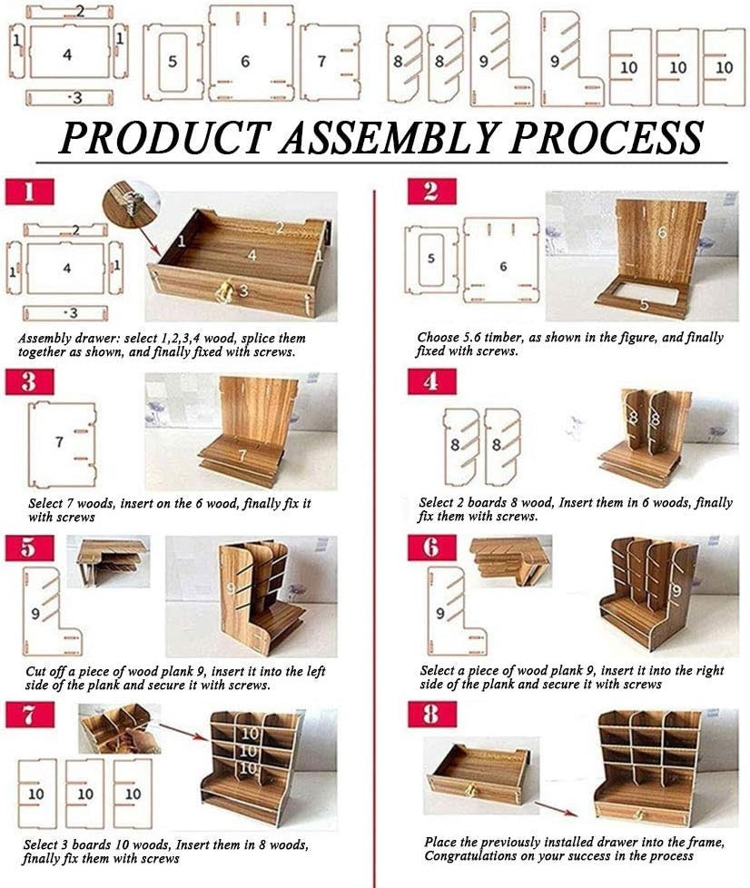 Wooden Desk Organizer Desktop Shelves with Drawer Pen Holder Office